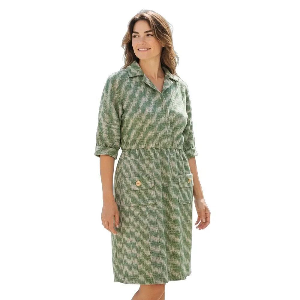 Vintage Fiandaca Couturier 8 Knee Length Dress Green Gold Ikat Zig Zag 60's Mod